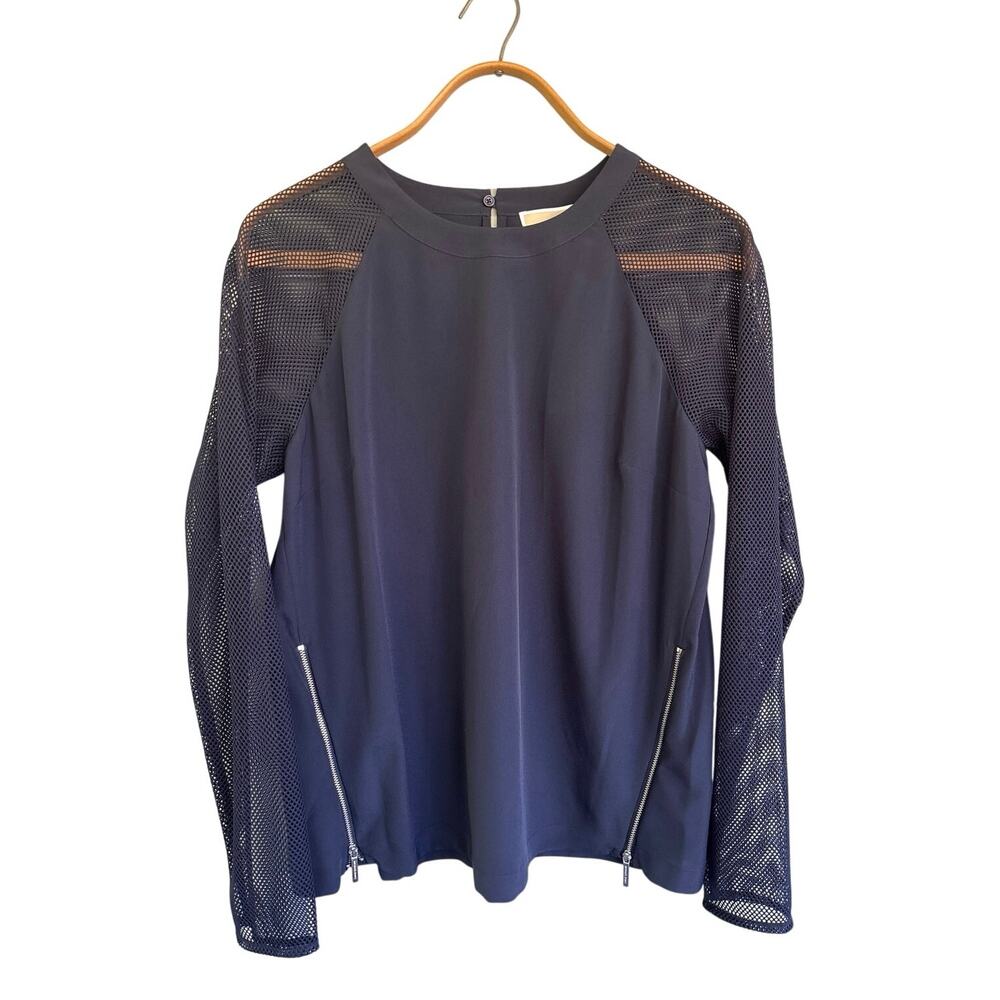 Michael Kors Mesh Sleeve Blouse Women's Large Navy Zip Side Long Sleeve NWT